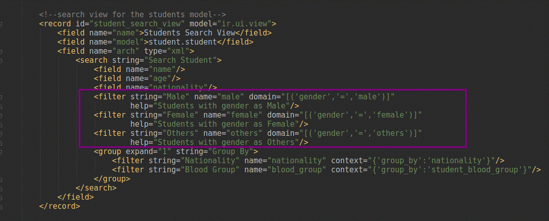 building module in odoo v12 defining search view and filters